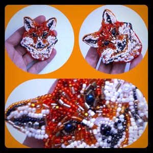 Handmade brooch natural leather and bids